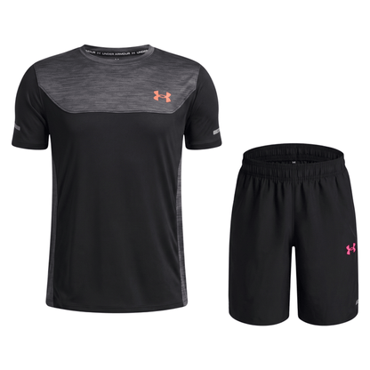 Under Armour Junior's 2 Piece Co Ord Set Black/Red/Pink T-Shirt & Shorts