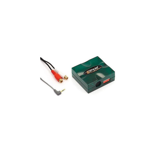A green Universal Auxiliary Audio Input Interface with a red and white cable and a connector.