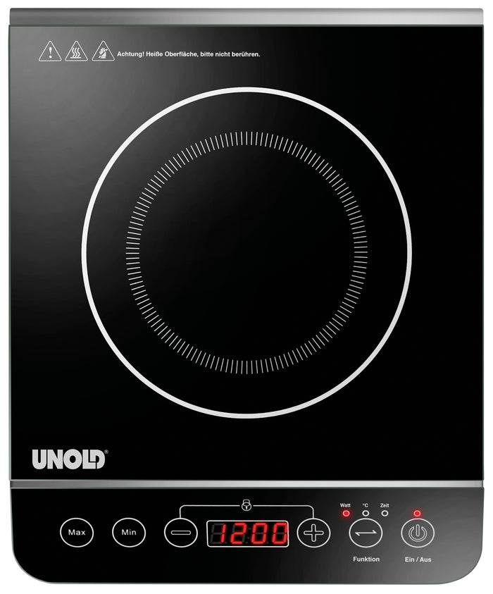 Die Unold AG Einzel-Induktionskochplatte - Schwarz/Edelstahl 581051 (B-Ware) verfügt über eine glatte, schwarze Oberfläche, eine Digitalanzeige mit 1200 Punkten, Touch-Bedienelemente, Warnsymbole und eine kreisförmige, weiß umrandete Heizfläche.