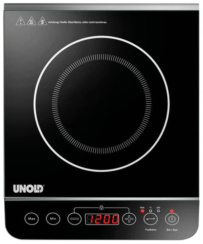 Die Unold AG Einzel-Induktionskochplatte - Schwarz/Edelstahl 581051 (B-Ware) verfügt über eine glatte, schwarze Oberfläche, eine Digitalanzeige mit 1200 Punkten, Touch-Bedienelemente, Warnsymbole und eine kreisförmige, weiß umrandete Heizfläche.
