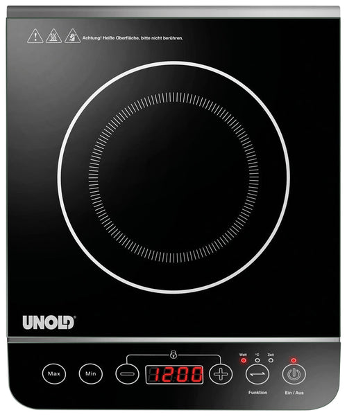 Die Unold AG Einzel-Induktionskochplatte - Schwarz/Edelstahl 581051 (B-Ware) verfügt über eine glatte, schwarze Oberfläche, eine Digitalanzeige mit 1200 Punkten, Touch-Bedienelemente, Warnsymbole und eine kreisförmige, weiß umrandete Heizfläche.