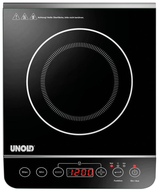 Die Unold AG Einzel-Induktionskochplatte - Schwarz/Edelstahl 581051 (B-Ware) verfügt über eine glatte, schwarze Oberfläche, eine Digitalanzeige mit 1200 Punkten, Touch-Bedienelemente, Warnsymbole und eine kreisförmige, weiß umrandete Heizfläche.