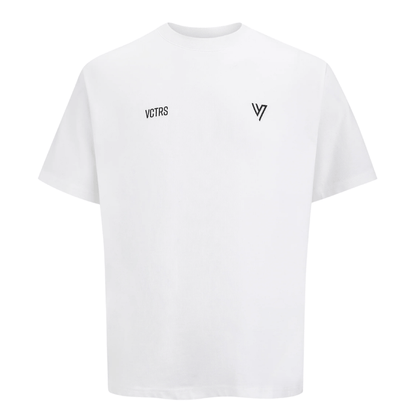 VCTRS Men's 3 Piece Co Ord Set GreyWhite featuring a stylish white t-shirt with logo design.