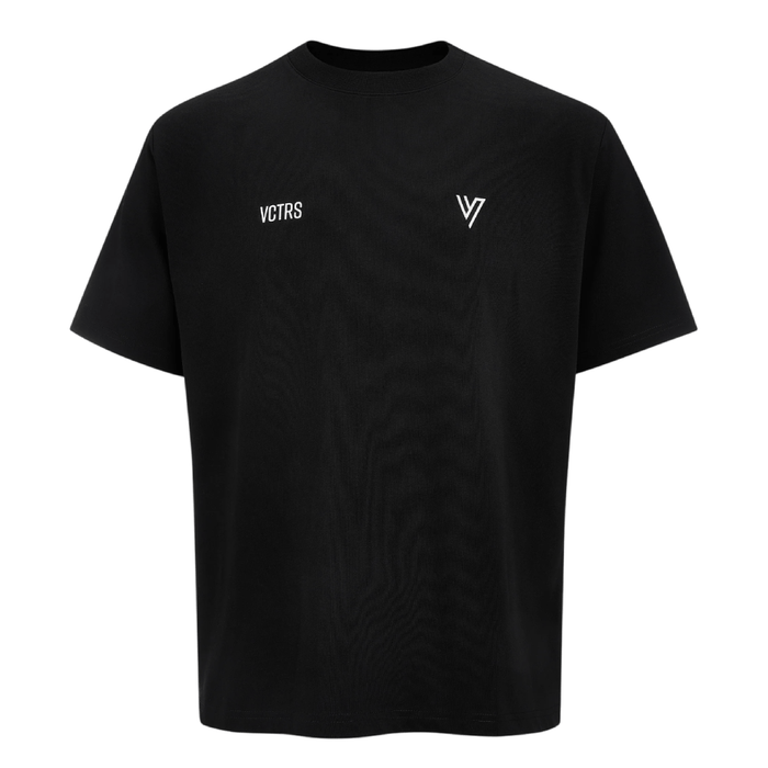 VCTRS Mens 3 Piece Co Ord Set Black showing a black t-shirt with VCTRS logo for streetwear style.