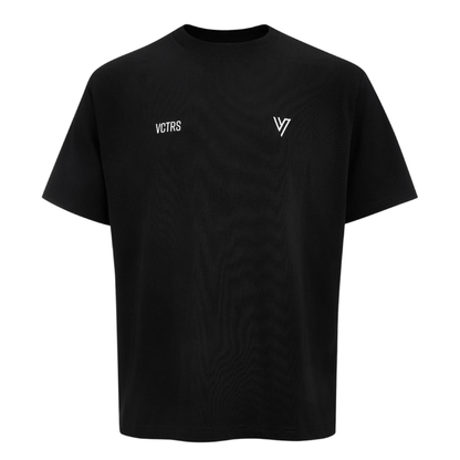 VCTRS Mens 3 Piece Co Ord Set Black showing a black t-shirt with VCTRS logo for streetwear style.