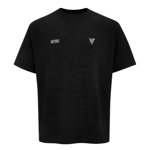 VCTRS Mens 3 Piece Co Ord Set Black showing a black t-shirt with VCTRS logo for streetwear style.