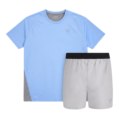 VCTRS mens 2 piece co ord set blue t-shirt and grey shorts outfit for casual wear