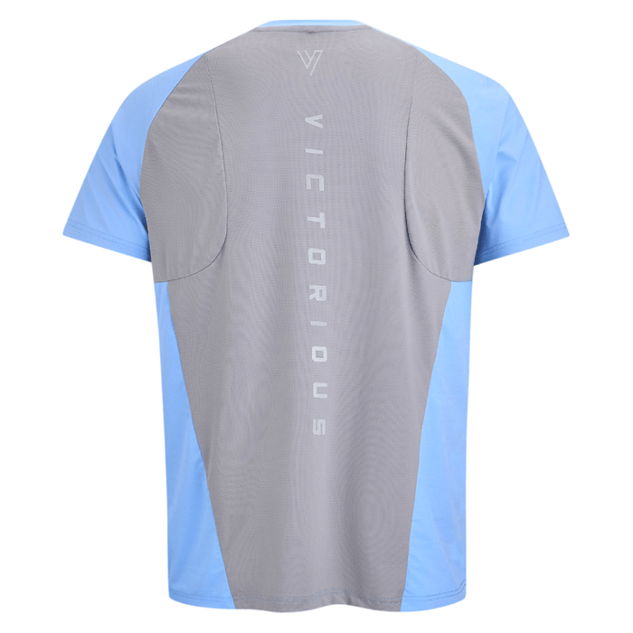 Back view of the VCTRS Mens 2 Piece Co Ord Set Blue/Grey T-Shirt showcasing athletic style and comfort.