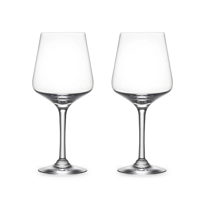 Set of two Simon Pearce Vintner Red Wine glasses with clear, elegant glassware design for enjoying red wines.