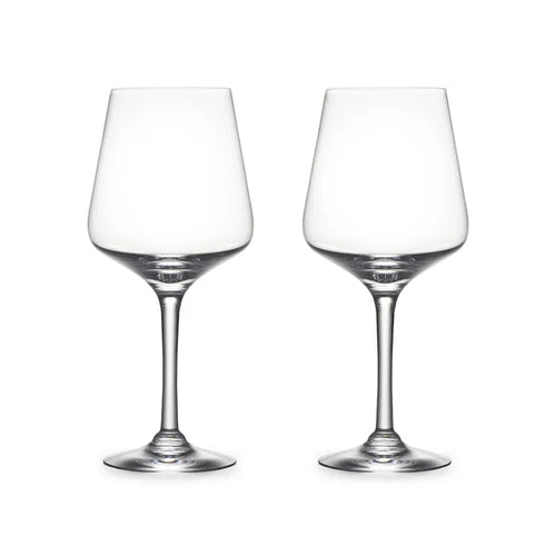 Set of two Simon Pearce Vintner Red Wine glasses with clear, elegant glassware design for enjoying red wines.