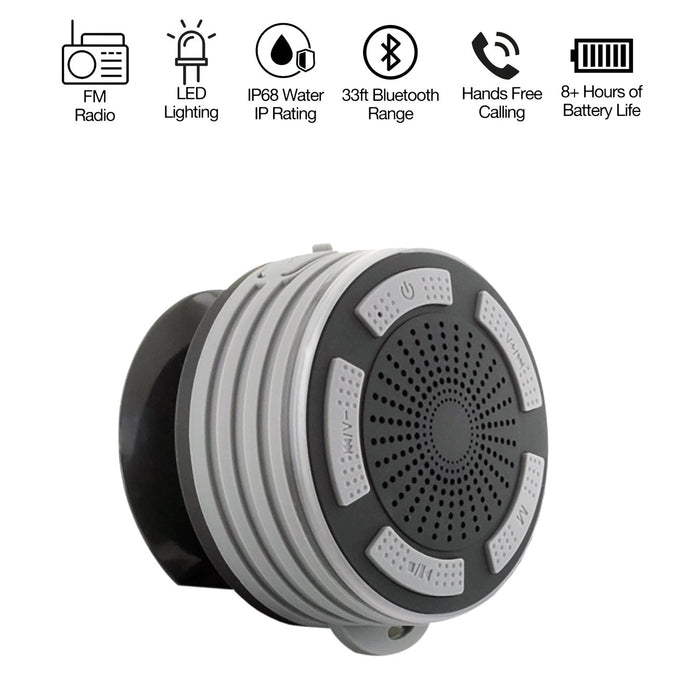 A black water-proof Bluetooth speaker with LED lighting and a suction cup, featuring icons indicating FM radio, lighting, and hands-free calling capabilities.
