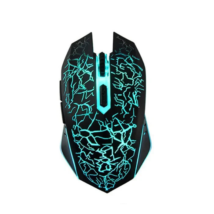 Gaming mouse with glowing blue crackle pattern design.