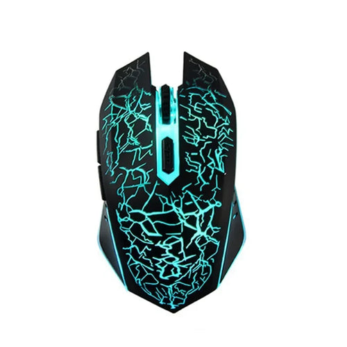 Gaming mouse with glowing blue crackle pattern design.