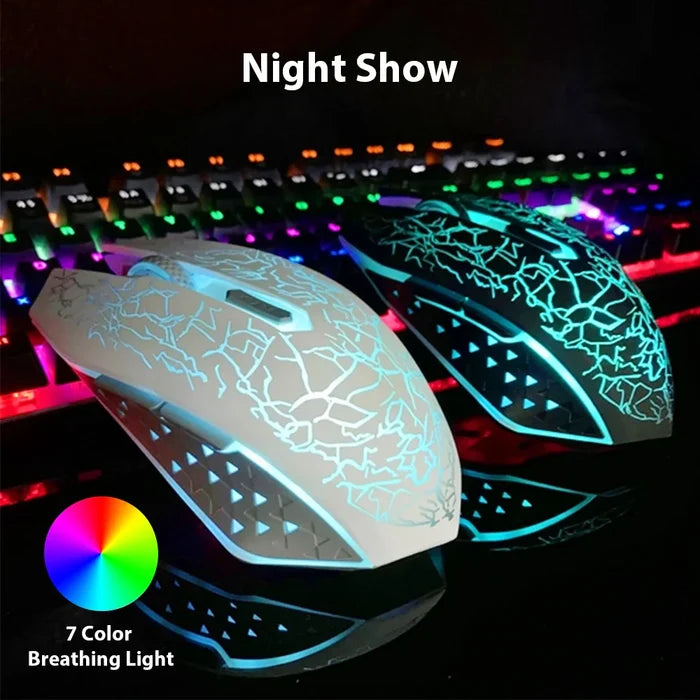 Gaming mouse with colorful LED lighting and a cracked pattern design.