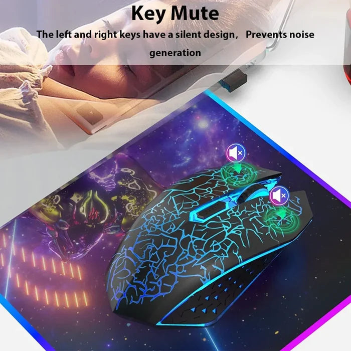 Colorfully illuminated gaming mouse with an intricate glowing pattern on its surface.