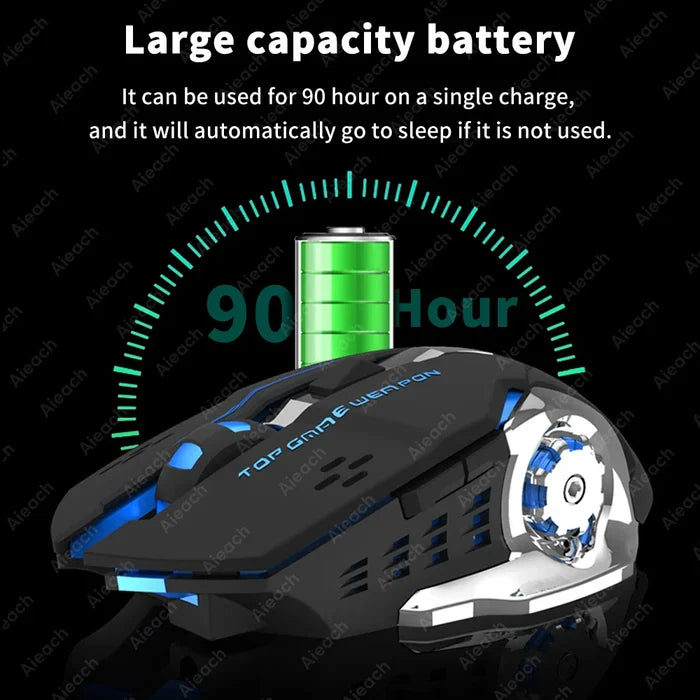 Wireless gaming mouse with a visible battery indicator and exposed mechanical components.