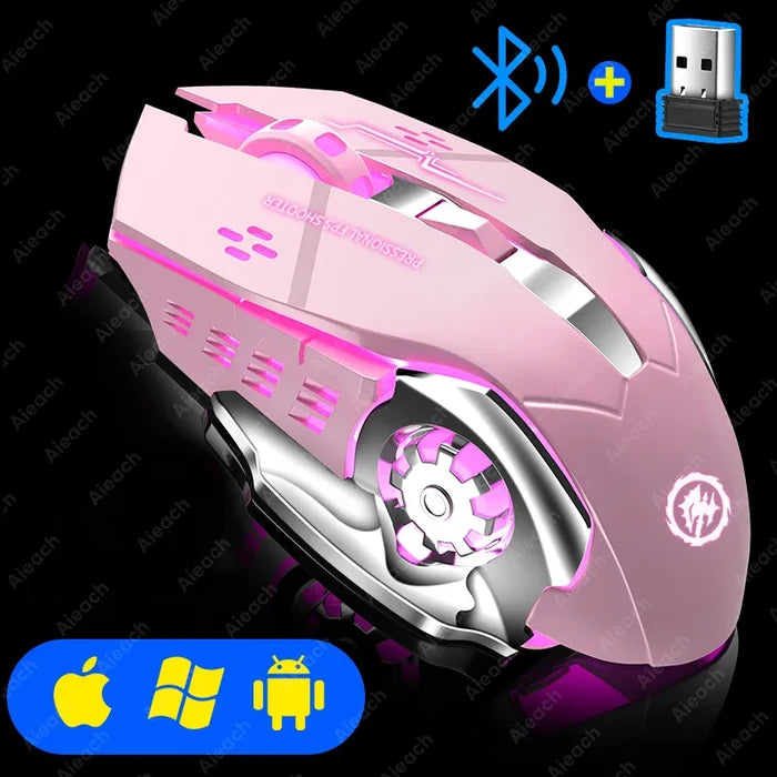 Pink wireless gaming mouse with LED lighting and a futuristic design.