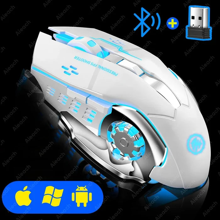 Futuristic white and blue wireless gaming mouse with illuminated accents.