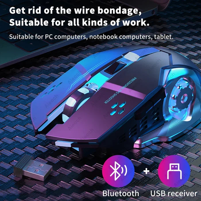 Sleek wireless gaming mouse with RGB lighting and multiple buttons.