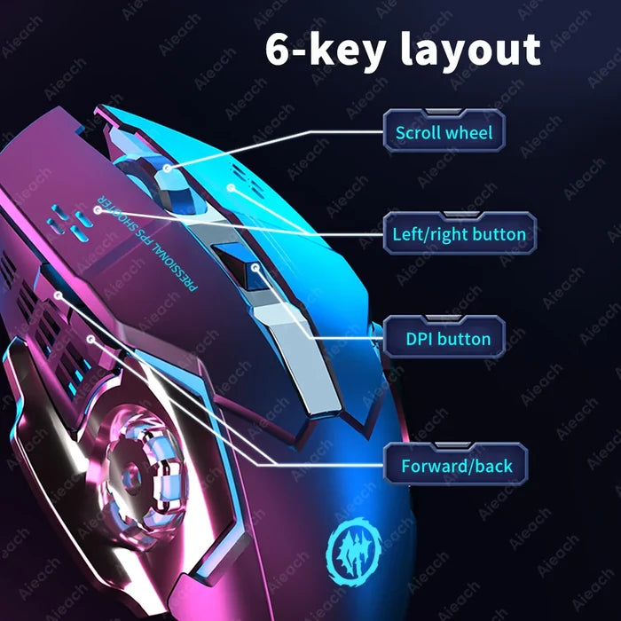 Futuristic gaming mouse with a 6-key layout and colorful LED lighting.