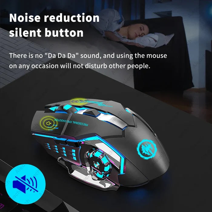 Gaming mouse with colorful LED lighting and a noise reduction feature.