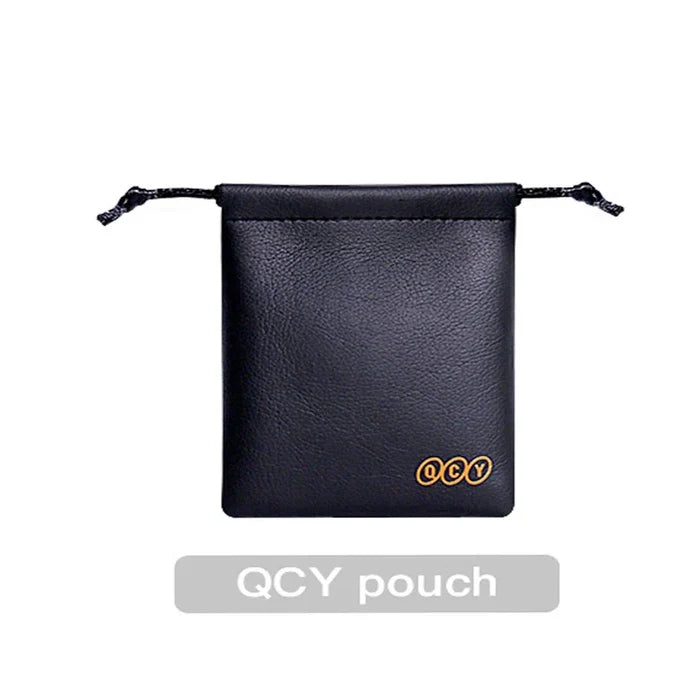Black leather drawstring pouch with gold ’QCY’ branding.