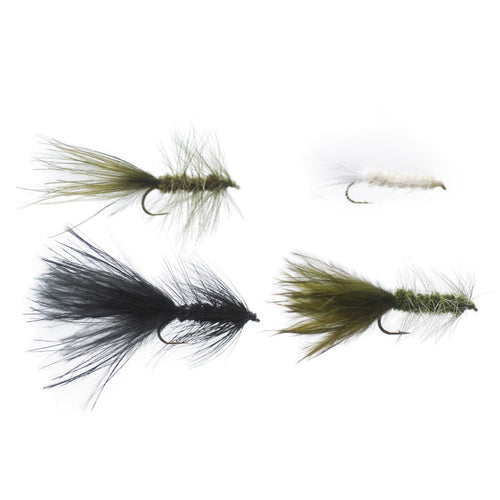 A set of four Wooly Bugger streamer flies used for fly fishing. The flies have natural color patterns and are tied with synthetic fibers and metal hooks.