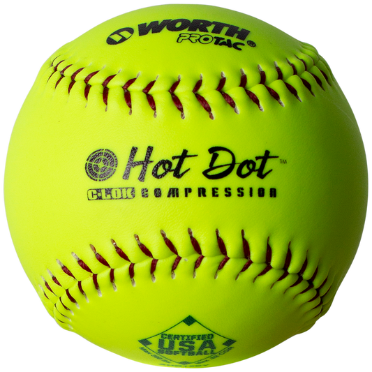The Worth USA Hot Dot 12" 52/300 Synthetic Slowpitch Softball (AHD12SY) is a bright yellow ball with red stitching and black text, approved for USA/ASA games, making it ideal for official slowpitch softball play.