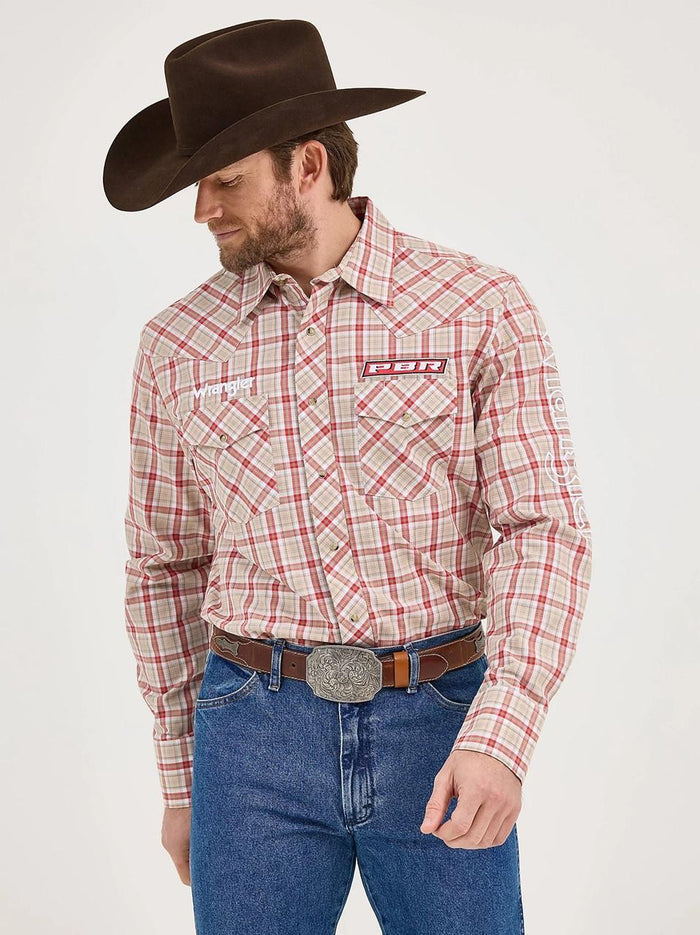 Wrangler Men - PBR Logo Snap Shirt (Beige Crimson) 112358060