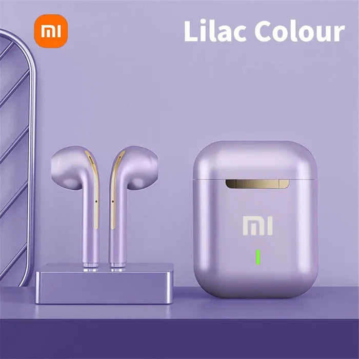 Lilac-colored wireless earbuds with a matching charging case.