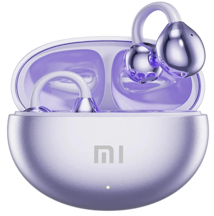 Pair of purple wireless earbuds in a matching charging case.
