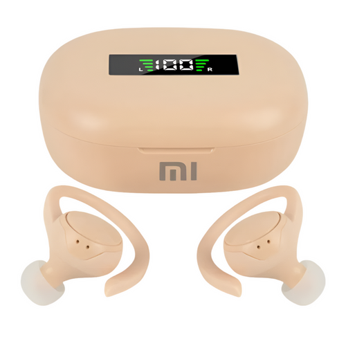 Pair of wireless earbuds with a charging case displaying battery percentage.