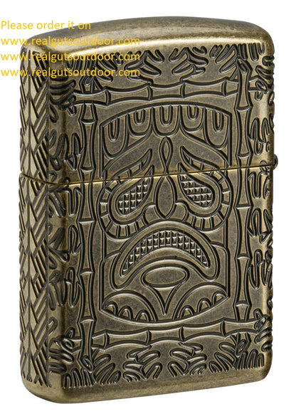 Zippo Armor Tiki Design Antique Brass Textured Multicut Engraving 46314
