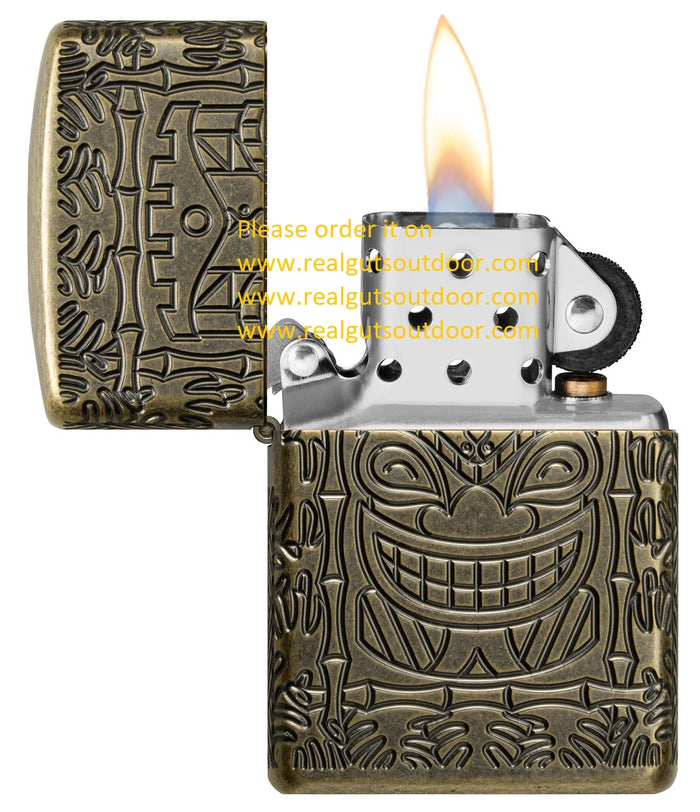 Zippo Armor Tiki Design Antique Brass Textured Multicut Engraving 46314